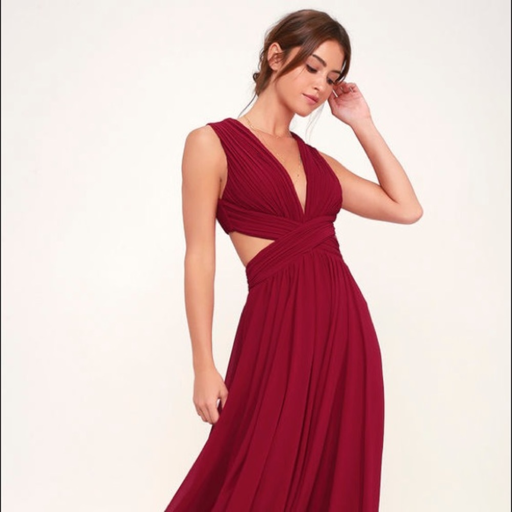 LULUS VIVID IMAGINATION WINE RED CUTOUT MAXI DRESS